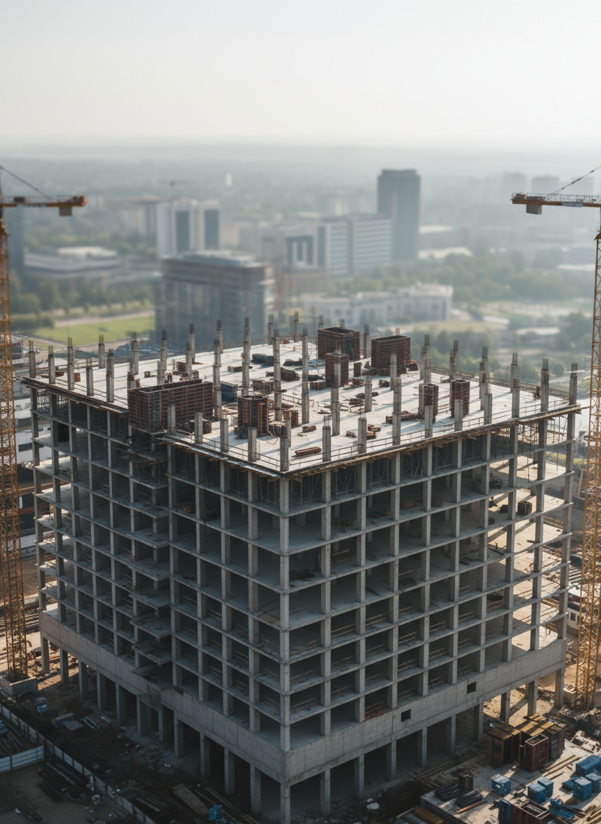 A high-resolution aerial photographic view of a multi-story concrete and steel office building under construction, with precisely aligned columns, beams, and floor slabs forming a clear structural grid. Tower cranes, rebar bundles, and formwork systems are visible but secondary to the orderly structural layout. Early-morning diffused sunlight casts long, soft shadows that emphasize the geometry and load paths. The cityscape beyond is slightly softened to keep focus on the structure. Captured in cinematic, slightly elevated perspective with strong depth and crisp detail, creating a confident, professional mood that highlights the scale and rigor of structural engineering in practice.