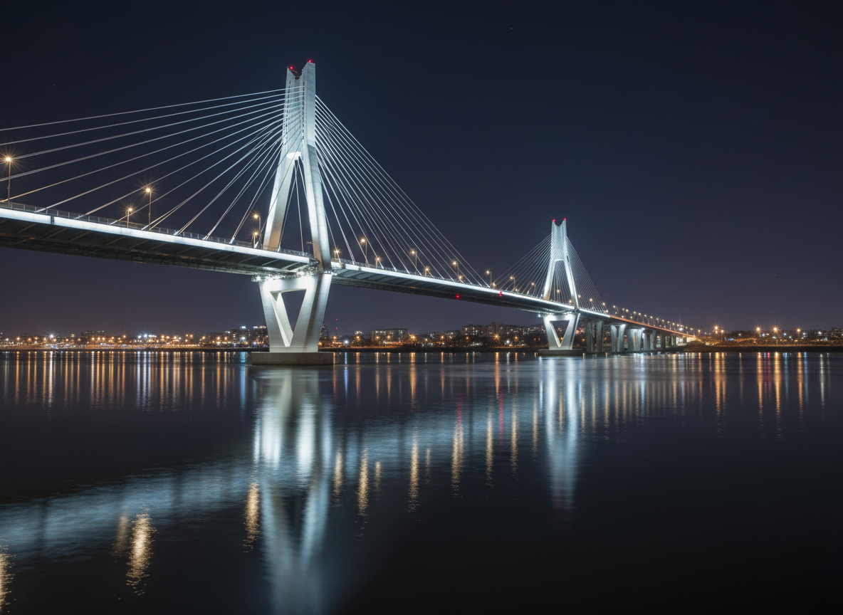 A dramatic, photographic nighttime scene of a completed cable-stayed bridge, its sleek concrete pylons and steel cables illuminated by precise white architectural lighting, revealing the structural form in crisp detail. The roadway and railings appear as clean, continuous lines, while the dark river below reflects the lit structure in soft ripples. The distant city lights remain subdued, keeping focus on the engineering achievement. Captured from a low side angle near the waterline, with long exposure smoothing the water and deepening the sky. The mood is bold, confident, and aspirational, underscoring the sophistication and reliability of advanced structural engineering services.