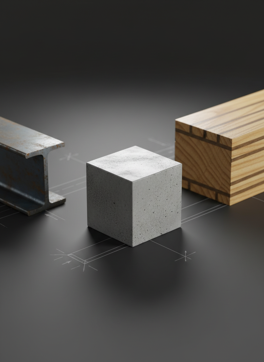 A minimalist, photographic composition of three contrasting structural material samples arranged on a dark, matte surface: a cut section of steel I-beam with visible flange thickness, a polished cube of high-strength concrete revealing fine aggregate, and a laminated timber beam offcut showing alternating grain layers. Subtle white technical sketches of beams and load arrows are faintly visible underneath, etched into the surface. Soft studio side lighting creates precise highlights on edges and refined shadows that separate each material. Shot from a slightly elevated, centered perspective with shallow depth of field, the mood is refined, analytical, and educational, ideal for explaining material choices in structural engineering services.