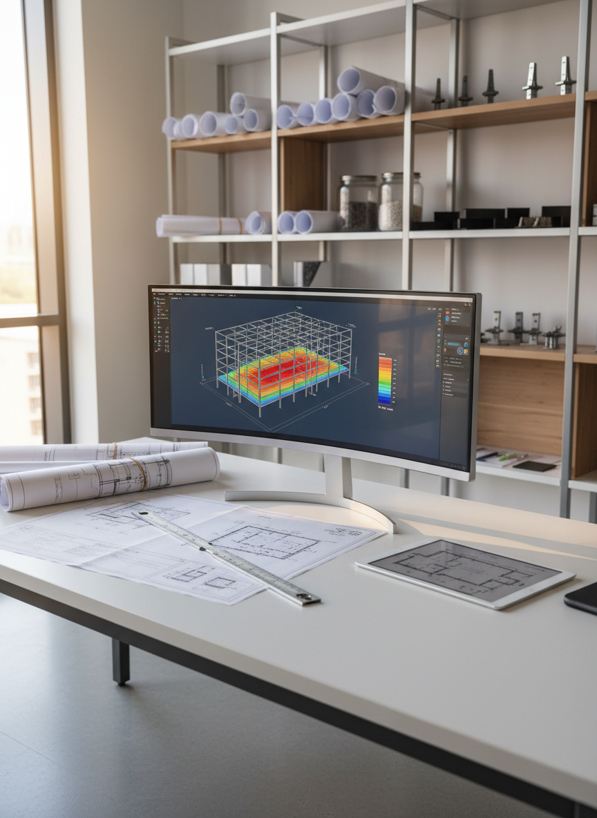 A clean, modern structural engineering office workstation, featuring a large ultra-wide monitor displaying a detailed 3D steel frame model and finite element analysis color contours. On the matte white desk lie neatly arranged printed structural drawings, a metal scale ruler, and a tablet showing a foundation plan. In the background, tall shelves hold rolled blueprints and material samples. Soft daylight enters from a large window, creating gentle reflections on the monitor and subtle shadows across the drawings. Photographic realism, eye-level composition with sharp focus throughout, conveying precision, professionalism, and technical expertise suitable for a structural engineering and drafting design services homepage hero image.