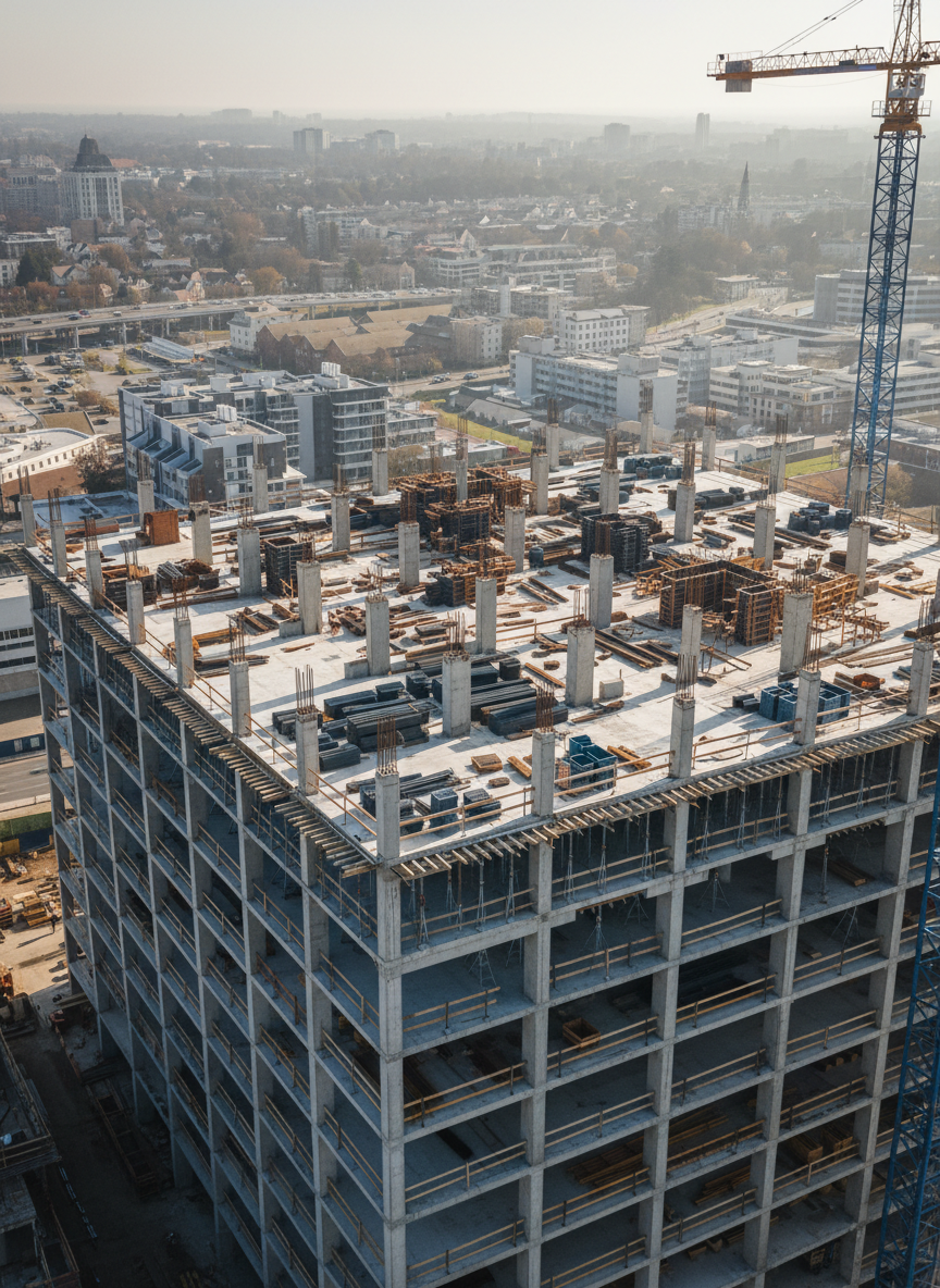 A high-resolution aerial photographic view of a multi-story concrete and steel office building under construction, with precisely aligned columns, beams, and floor slabs forming a clear structural grid. Tower cranes, rebar bundles, and formwork systems are visible but secondary to the orderly structural layout. Early-morning diffused sunlight casts long, soft shadows that emphasize the geometry and load paths. The cityscape beyond is slightly softened to keep focus on the structure. Captured in cinematic, slightly elevated perspective with strong depth and crisp detail, creating a confident, professional mood that highlights the scale and rigor of structural engineering in practice.
