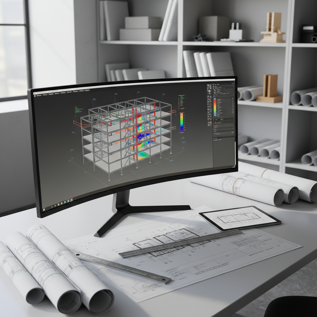 A clean, modern structural engineering office workstation, featuring a large ultra-wide monitor displaying a detailed 3D steel frame model and finite element analysis color contours. On the matte white desk lie neatly arranged printed structural drawings, a metal scale ruler, and a tablet showing a foundation plan. In the background, tall shelves hold rolled blueprints and material samples. Soft daylight enters from a large window, creating gentle reflections on the monitor and subtle shadows across the drawings. Photographic realism, eye-level composition with sharp focus throughout, conveying precision, professionalism, and technical expertise suitable for a structural engineering and drafting design services homepage hero image.