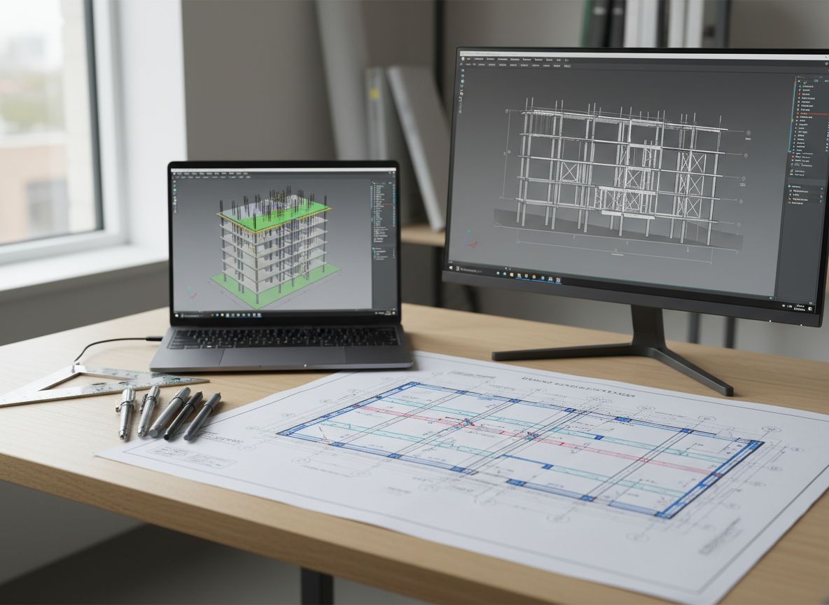 An orderly drafting and design workstation with a large-format printed structural floor framing plan spread across a light wood desk, surrounded by neatly placed mechanical pencils, a precision scale, and a digital caliper. A slim laptop displays a BIM model of a reinforced concrete building, while a second screen shows a clean, black-on-white CAD elevation with layers of beams, columns, and bracing lines. Soft, overcast window light provides even illumination, minimizing glare and emphasizing the fine linework. Photographic realism, shot from a slightly elevated angle using the rule of thirds, creating a calm, meticulous, and highly technical atmosphere for showcasing structural drafting and documentation capabilities.