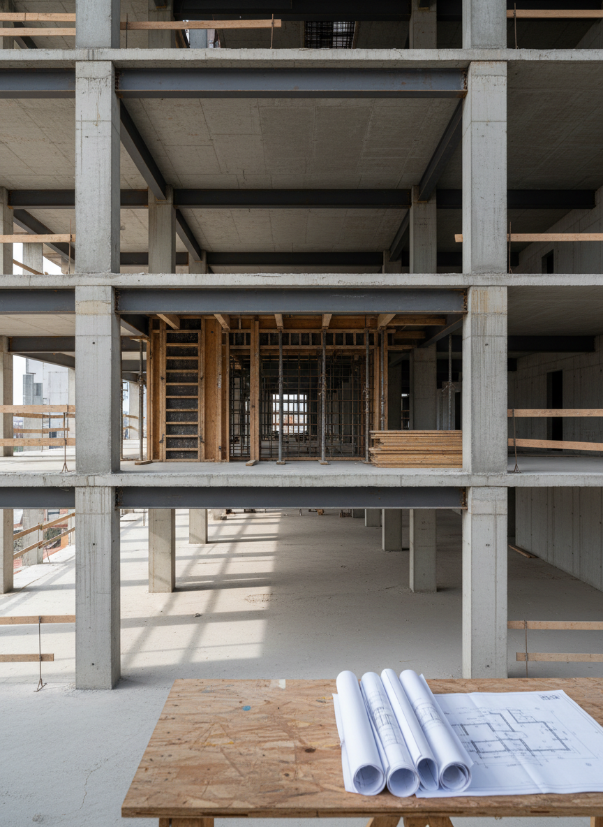 A cross-section interior view of a mid-rise residential building under construction, showing exposed concrete slabs, steel beams, and regularly spaced columns, all meticulously aligned. Timber formwork and rebar cages are visible at an active slab bay, while completed bays reveal clean, stripped concrete surfaces. The foreground features stacked structural drawings on a temporary plywood table, their edges crisp and organized. Soft, diffused midday light enters through large, open facades, casting gentle shadows along beams and columns, enhancing depth. Photographic realism, eye-level composition with strong linear perspective, conveying controlled complexity, safety, and the thorough planning behind structural design and drafting.