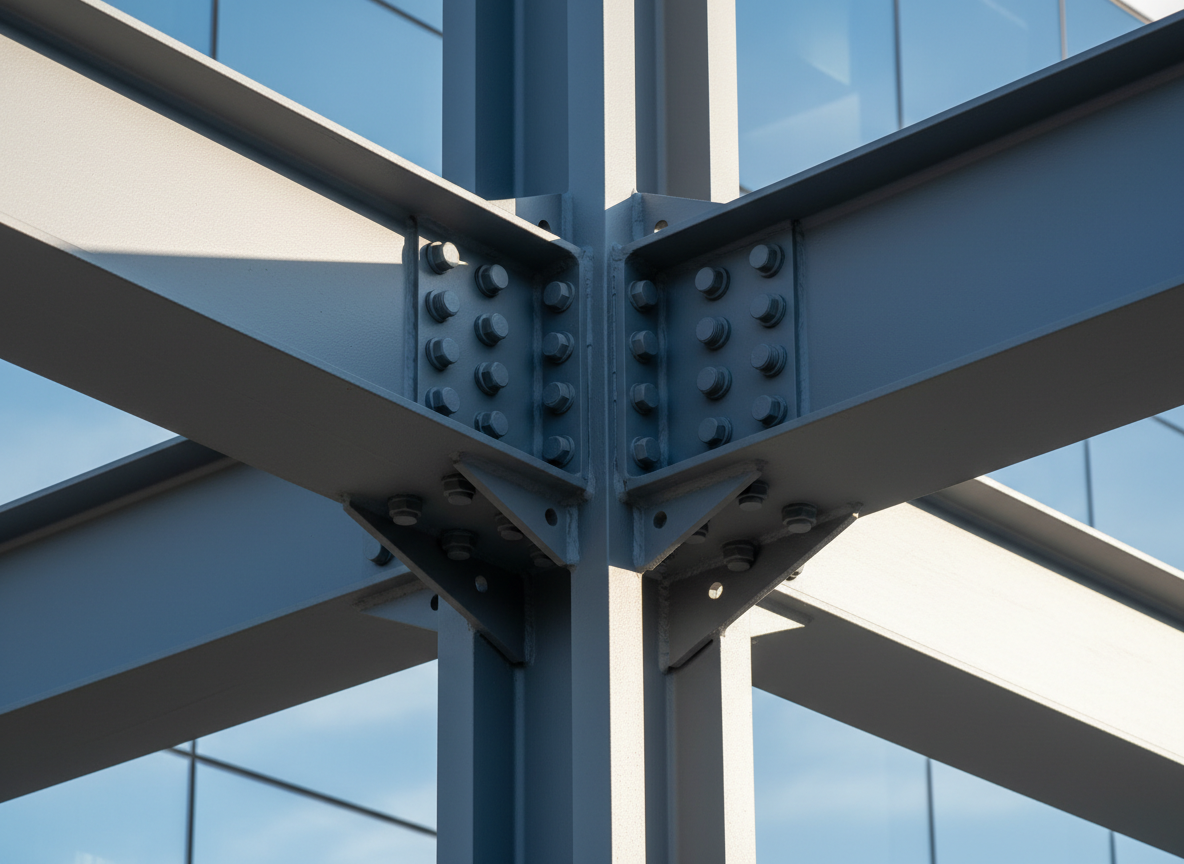 A close-up, photographic view of a large, carefully detailed structural steel connection on a completed commercial building, showing intersecting I-beams, gusset plates, and high-strength bolts with precise alignment. The steel surfaces display a smooth, painted finish in muted gray-blue tones, with subtle texture and clean welds. Behind, a blurred backdrop of modern glass curtain wall and sky provides context without distraction. Late-afternoon natural light grazes across the steel, creating defined highlights along edges and soft shadows in bolt recesses. Shot from a slightly low angle to emphasize strength and stability, with a clean, modern, highly professional aesthetic for a structural detail-focused services page.