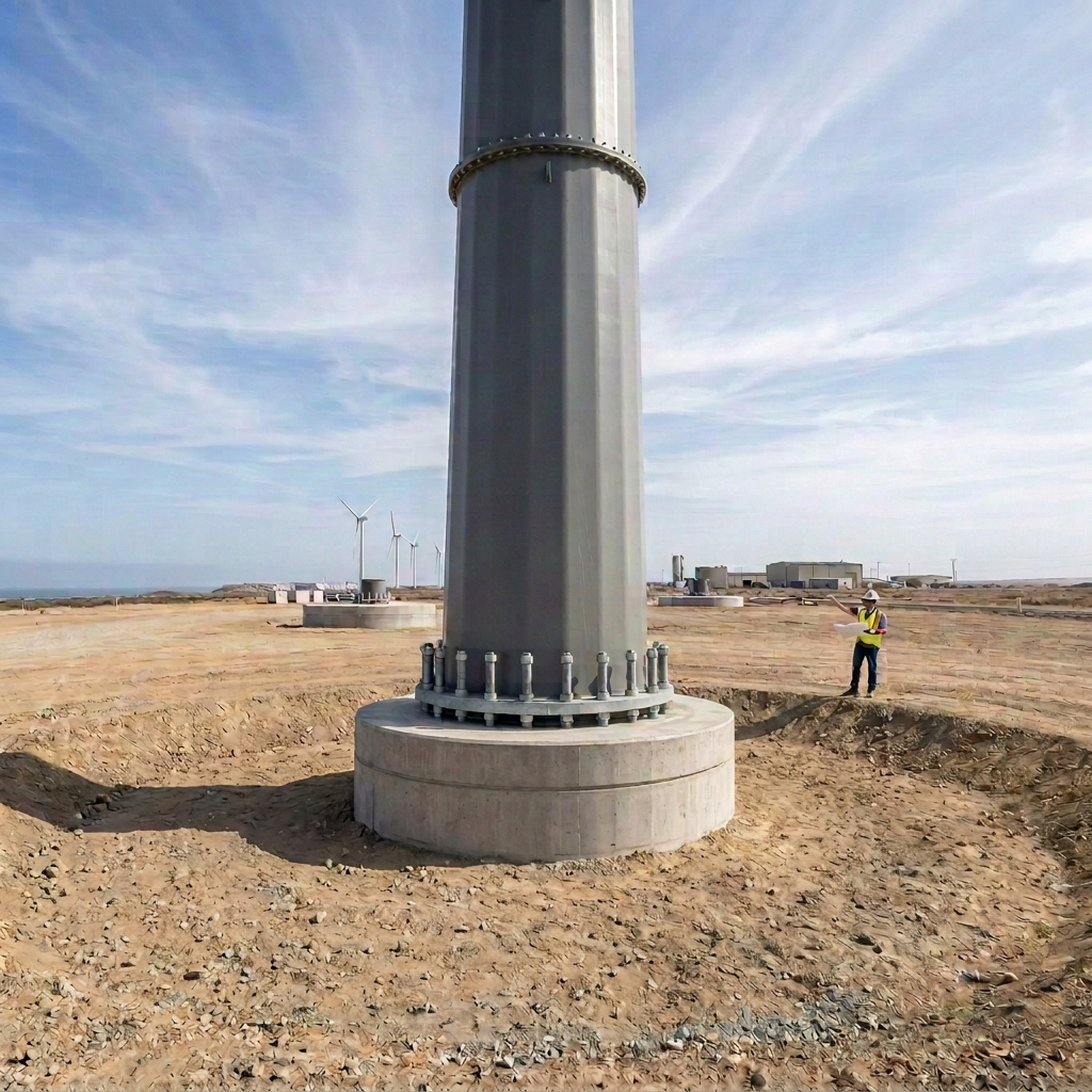 Wind Turbine Foundation Construction Site Worker inspecting a wind turbine foundation with turbines in the background